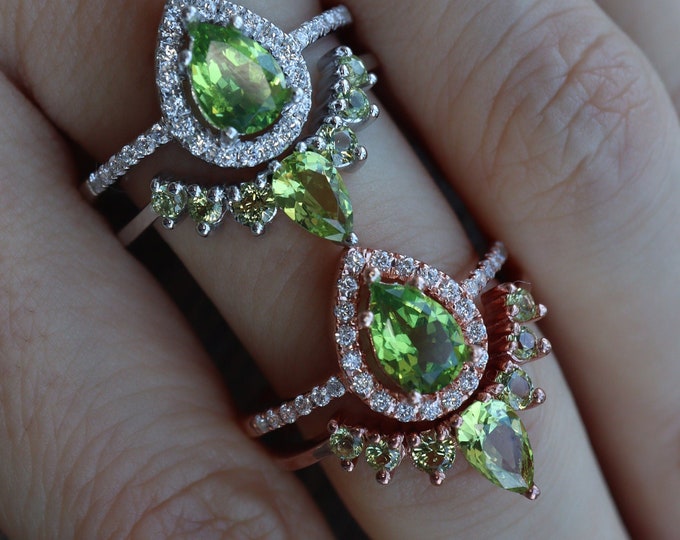 Teardrop Peridot Engagement Solid 14k Gold Ring- Pear Green Halo 18k Rose Gold Rings- Bridal 2 Wedding Ring Set- August Birthstone Ring