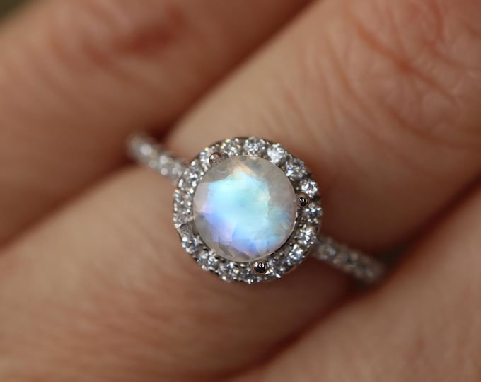 Genuine Moonstone Engagement Dainty Ring- Natural Rainbow Moonstone Round Halo Promise Ring- Gift for Wife- Anniversary June Birthstone Ring