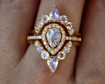 Teardrop Moonstone 14k Gold 3 Ring Set- Pear Natural Moonstone Engagement Ring Set- Genuine Moonstone Halo Ring w/2 Moonstone Wedding Band