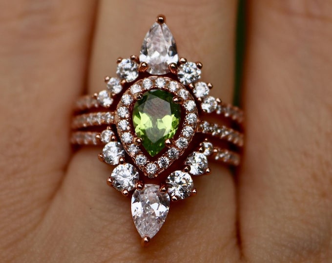 Teardrop Peridot Halo Bridal 3 Ring Set- Pear Green Peridot Engagement Ring- August Birthstone Ring- Real Solid 14k 18k Ring