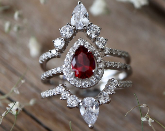 Teardrop Garnet Halo Bridal 3 Ring Set-Pear Clear Red Gemstone Engagement Ring Set- Alternative Engagement Ring w/2 Wedding Band