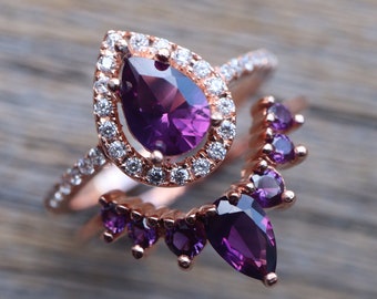 Teardrop Purple Amethyst Engagement Silver Ring Set- Pear Halo Amethyst 2 Rose Ring Set- Dark Purple Ring w/ Wedding Band