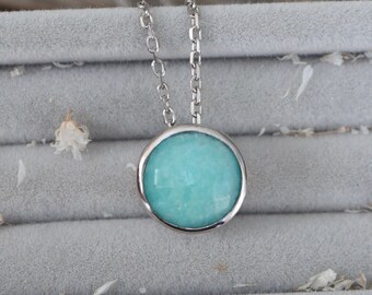 Genuine Amazonite Round Sterling Silver Slider Necklace-Natural Light Blue Gemstone Bezel Necklace- Minimalist Gemstone Necklace for Her