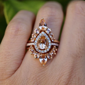 Teardrop Peach Morganite Bridal Ring Set- Pear Morganite Wedding 3 Rings- Champagne Halo Bridal Ring w/2 Wedding Band