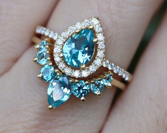 Teardrop Paraiba Tourmaline Bridal 14k Gold 2 Ring Set- Pear Blue Tourmaline Engagement 14k White Gold  Ring- Blue Halo 14k Rose Gold Ring