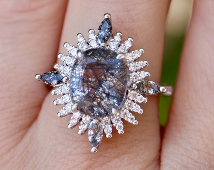 Large Salt Pepper Quartz Oval Halo Solitaire Sterling Silver Ring