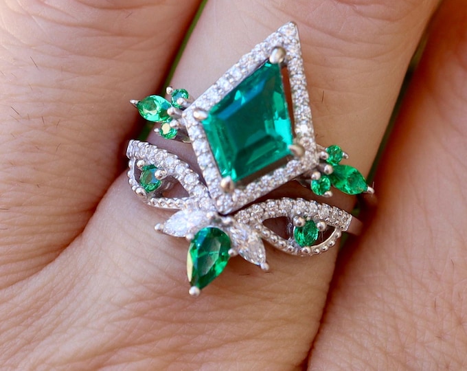 Kite Green Emerald Halo Engagement Sterling Silver Rings