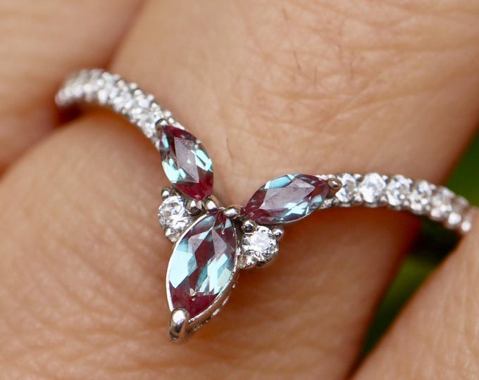 Marquise Alexandrite Color Change Purple Blue Teal with Moissanite Deep V Chevron Wedding Band