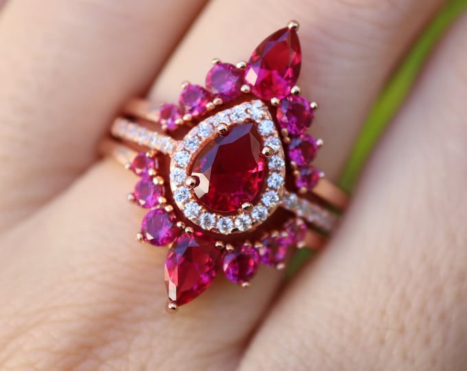 Teardrop Halo Red Pink Ruby Bridal Sterling Silver 3 Ring Set