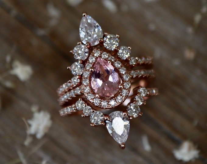 Teardrop Pink Morganite Halo Bridal 3 Ring Set- Pear Pink Engagement Ring Set-Promise Ring w/2 Wedding Band- Ship Next Day