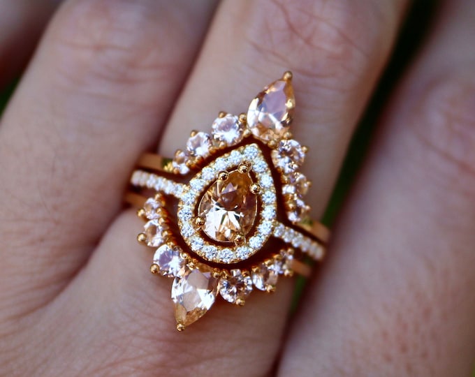 Halo Teardrop Peach Rose Morganite Sterling Silver Ring Set- Pear Morganite Wedding 3 Ring- Champagne Bridal Gold Ring w/2 Wedding Band