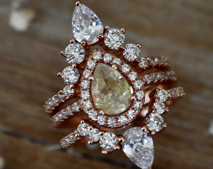 Teardrop Genuine Gold Rutile Quartz Bridal 3 Ring Set- Pear Halo Golden Quartz Engagement Ring- Rutilated Quartz Stone Ring w/2 Wedding Band