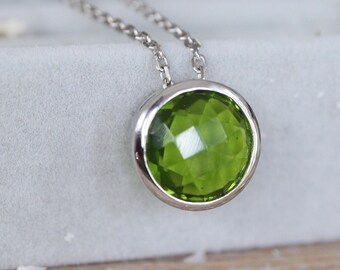 Green Peridot Round Sterling Silver Slider Necklace- August Birthstone Bezel Necklace- Minimalist Green Stone Necklace