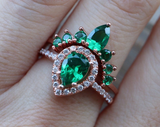 Teardrop Emerald Engagement Silver Ring Set- Pear Halo Bridal Rose Rings- Dark Green Gem Ring w/ Curved Wedding Band