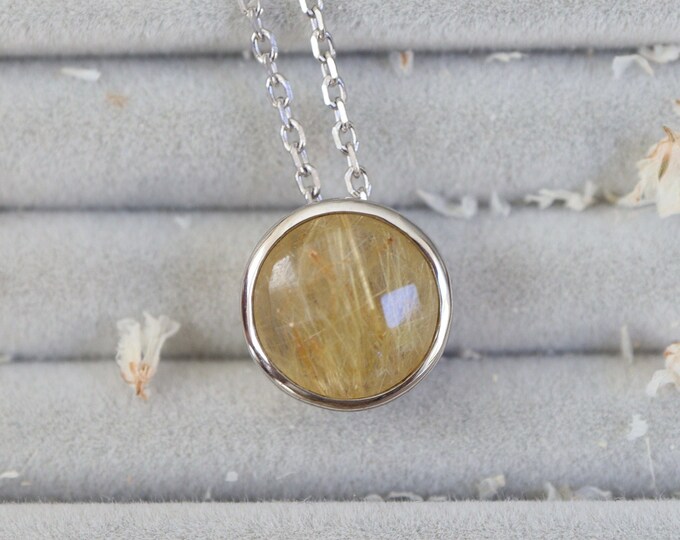 Genuine Gold Rutile Quartz Round Sterling Silver Slider Necklace- Rutilated Quartz Bezel Necklace- Minimalist Gemstone Necklace