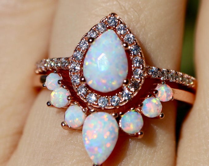 Halo Teardrop Rainbow Opal Engagement Sterling Silver 2 Ring Set