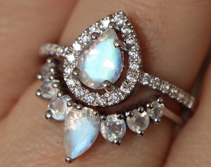Teardrop Genuine Moonstone Halo Engagement 2 Ring Set n Solid 14 18k Gold