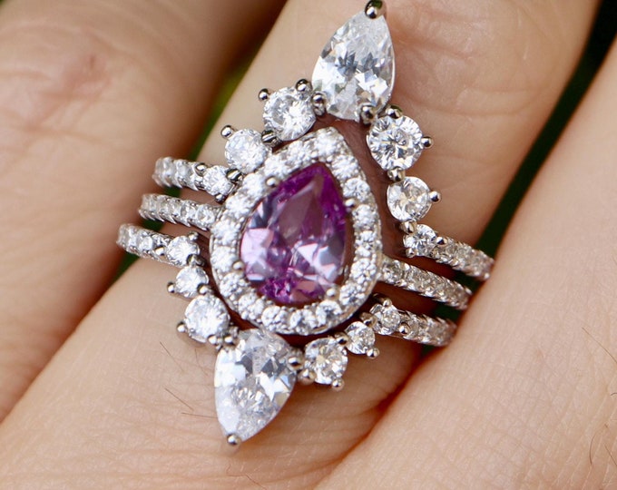 Teardrop 1ct Alexandrite Bridal 3 Silver Ring Set- Color Change Blue Pink Purple Halo Anniversary June Birthstone Ring-Romantic Gift for Her