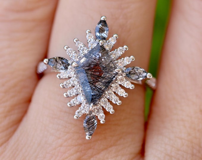 Kite Shaped Tourmalated Quartz Halo Solitaire Sterling Silver Ring