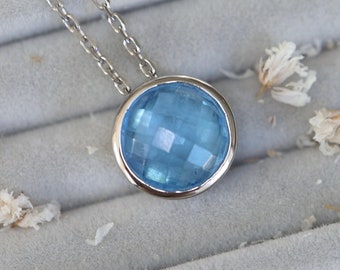 Blue Quartz Round Sterling Silver Slider Necklace- Blue Topaz Simple Necklace- Blue Gemstone Necklace- December Birthstone Necklace