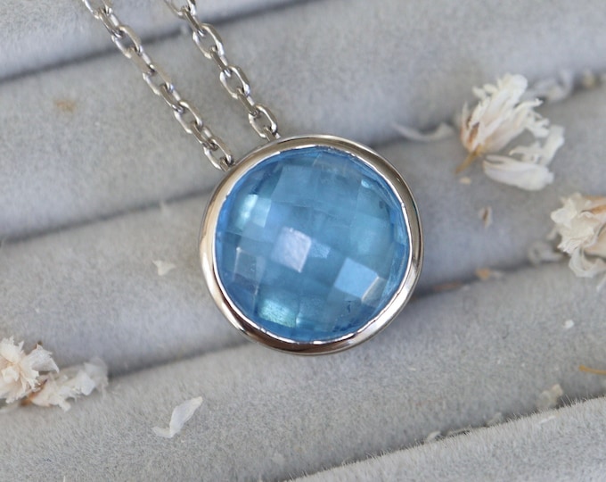 Blue Quartz Round Sterling Silver Slider Necklace- Blue Topaz Simple Necklace- Blue Gemstone Necklace- December Birthstone Necklace