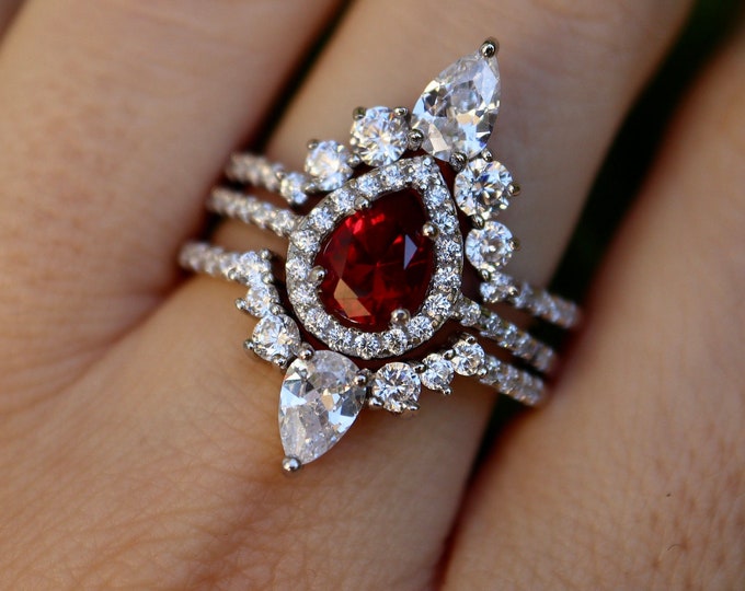Teardrop Red Garnet Halo Sterling Silver 3 Ring Set- Pear Red Engagement Ring w/2 Wedding Band- January Birthstone Ring for Wife Girlfriend