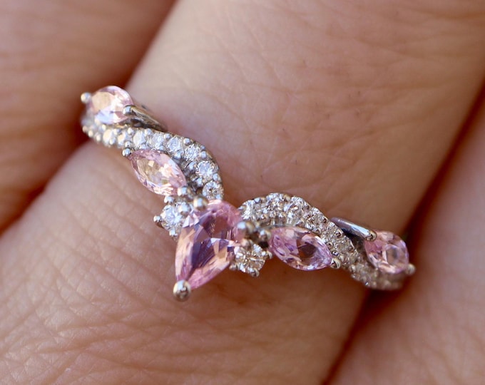 Marquise Pink Morganite and Moissanite Sterling Silver Deco Wedding Band