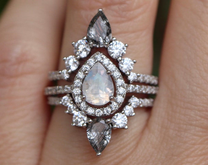 Pear Moonstone and Black Rutile Engagement 3 Ring Set- Genuine Teardrop Halo Rainbow Moonstone Black Tourmalated Quartz Bridal Rings