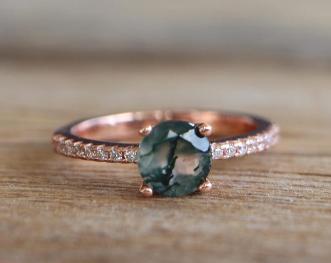 Round Moss Agate Promise Dainty Ring for Her- Simple Natural 6mm Moss Agate Engagement Ring-Genuine Green Gemstone Solitaire Four Prong Ring