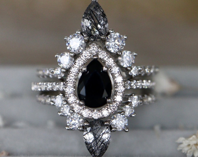 Black Onyx and Rutile Engagement 14k Gold Ring Set- Teardrop Halo Gothic Black Bridal 3 Wedding Ring- Pear Tourmalated Quartz 18K Gold Ring