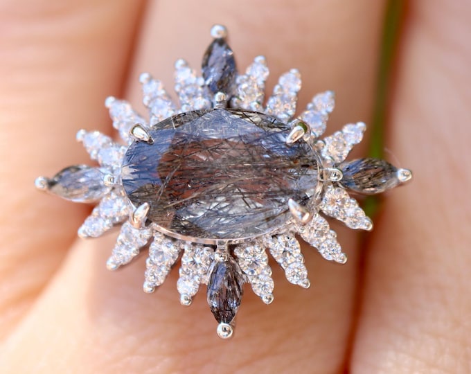 Salt Pepper Quartz Oval East West Halo Solitaire Sterling Silver Ring