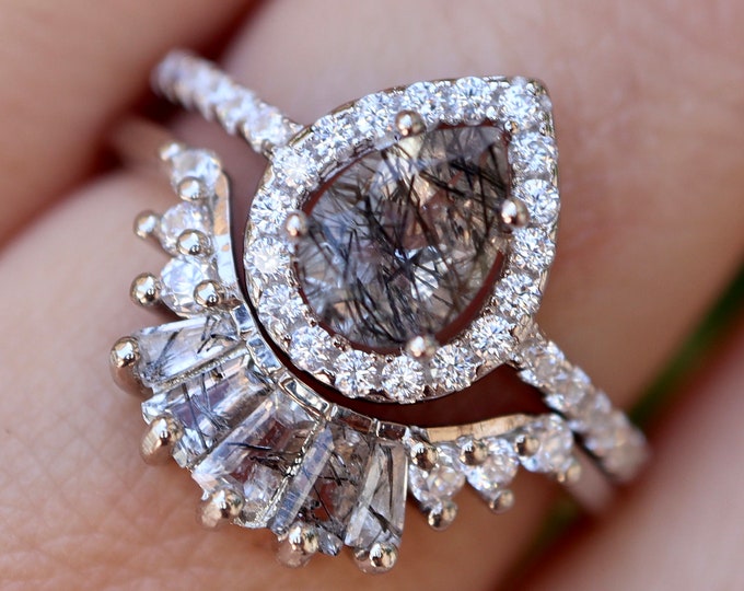 Black Rutile Halo Deco 2 Ring Set- Pear Genuine Tourmalated Quartz Vintage Engagement Rings- Teardrop Salt and Pepper Ring w/ Baguette Band