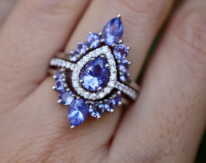 Teardrop Tanzanite Bridal 3 Sterling Silver Ring Set- Pear Blue Purple Wedding Rings- Halo Ring w/2 Wedding Band- December Birthstone Ring