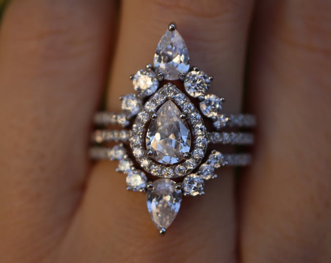 Teardrop Alternative Diamond Simulant Bridal 3 Ring Set-Pear Clear Halo Engagement Ring Set-Cubic Zirconia Ring w/2 Wedding Band