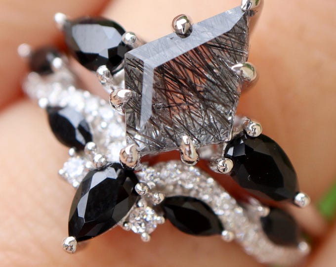 Kite Black Rutile Quartz Vintage 2 Sterling Silver Ring Set- Tourmalated Quartz Black Onyx Wedding Deco Black Rings for Her