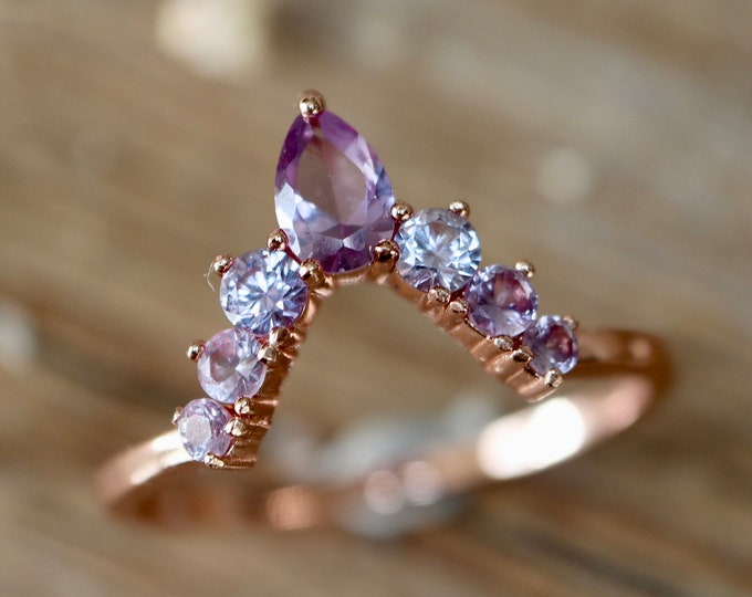 Alexandrite Real Solid 10k 14k 18k Gold Wedding Band-Color Change Blue Pink Purple Chevron V White Band- December Birthstone Curve Rose Band