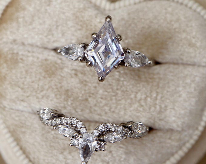 Cubic Zirconia Kite Shape Sterling Silver Bridal Ring with Contour Band