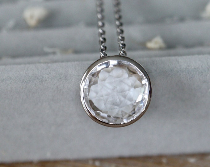 White Quartz Round Sterling Silver Slider Necklace-Clear Colorless Bezel Minimalist Necklace-White Bridal Necklace-April Birthstone Necklace