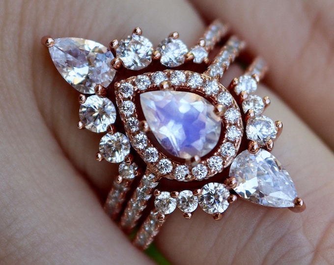 Teardrop Moonstone Halo Bridal Ring Set- Pear Genuine Rainbow Moonstone Engagement Gold 3 Rings- Real Solid 14k 18k Gold Iridescent Rings