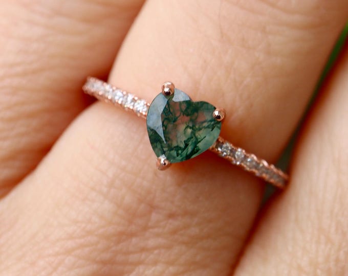 Heart Genuine Green Moss Agate Dainty Solitaire Ring