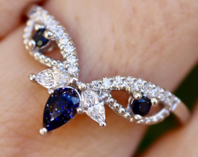 Blue Sandstone and Moissanite Sterling Silver Wedding Nebula Cosmo Band