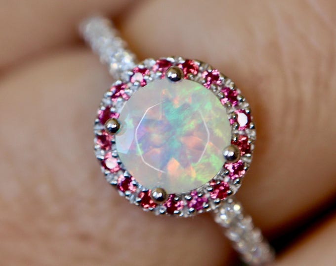 Genuine Round Facet Rainbow Opal with Pink Ruby Halo Solitaire Sterling Silver Ring