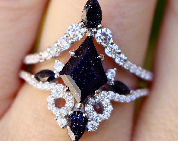 Kite Blue Sandstone Half Halo Engagement Sterling Silver Galaxy Celestial Rings