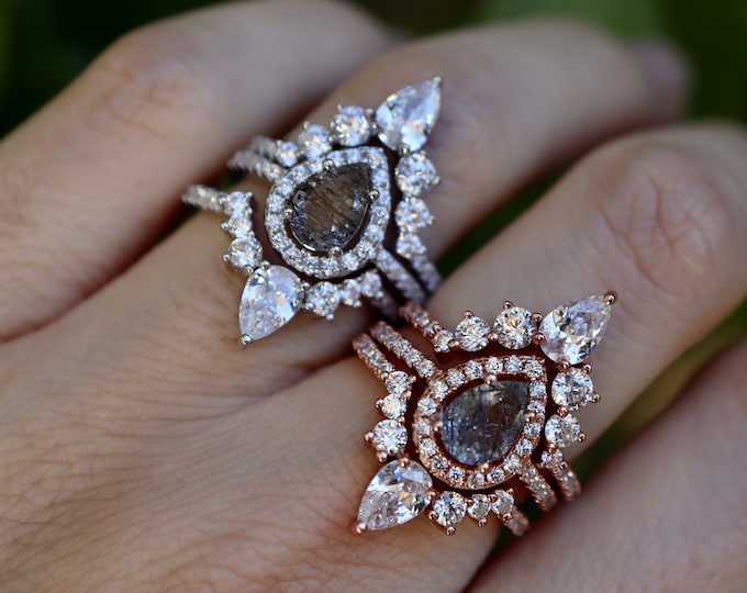 Teardrop Genuine Black Rutile Bridal 3 Ring Set-Pear Halo Black Tourmalated Quartz Engagement Rings-Black Quartz Stone Ring w/2 Wedding Band