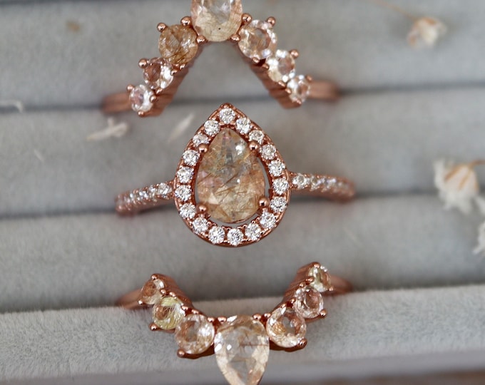 Teardrop Gold Rutile Quartz Halo Engagement 14k 18k Gold Ring Set