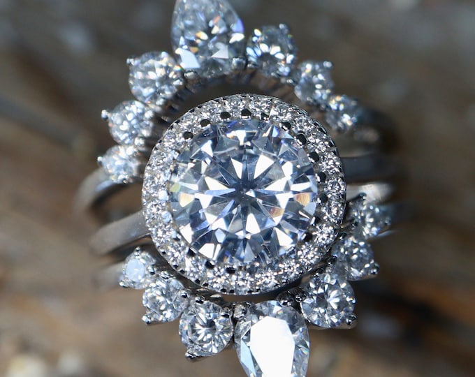 3.70ct Round Brilliant Diamond 3 Ring Set- Alternative Colorless Halo Engagement Ring w/ 2 Wedding Band- Cubic Zirconia Bridal Ring Set