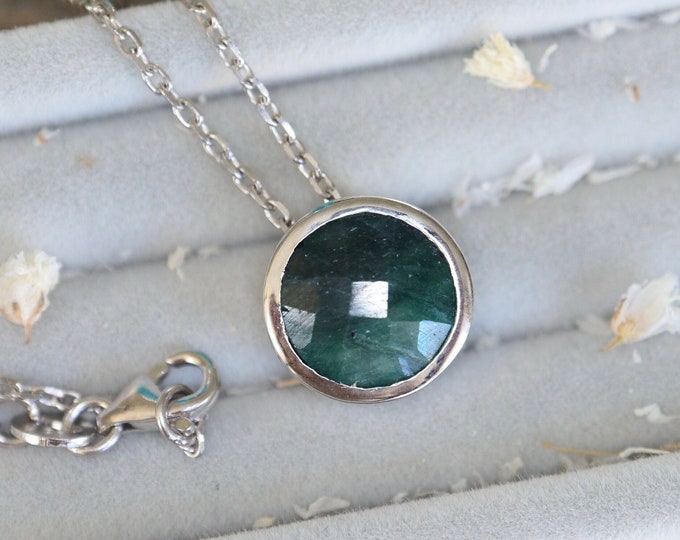 Genuine Raw Green Emerald Round Sterling Silver Slider Necklace- May Birthstone Green Gemstone Bezel Minimalist Necklace