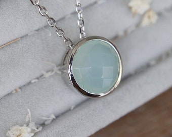 Genuine Blue Chalcedony Round Sterling Silver Slider Necklace- Light Blue Minimalist Gemstone Necklace