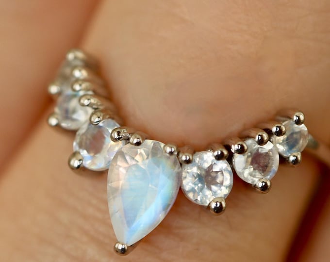 Genuine Moonstone Wedding Solid 10k 14k 18k Band- Rainbow Moonstone Chevron V Band- Iridescent Semi Half Circle Contour Band-June Birthstone