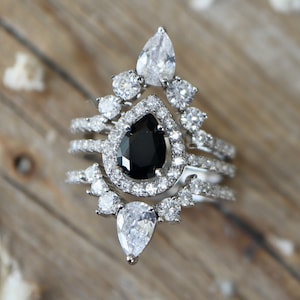 Teardrop Black Onyx Halo Bridal 3 Ring Set- Pear Black Engagement Ring Set- Black Spinel Ring w/2 Wedding Band